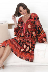 Chella Mini Dress - Slimeline Smock Dress with Neck Tie in Martina Print