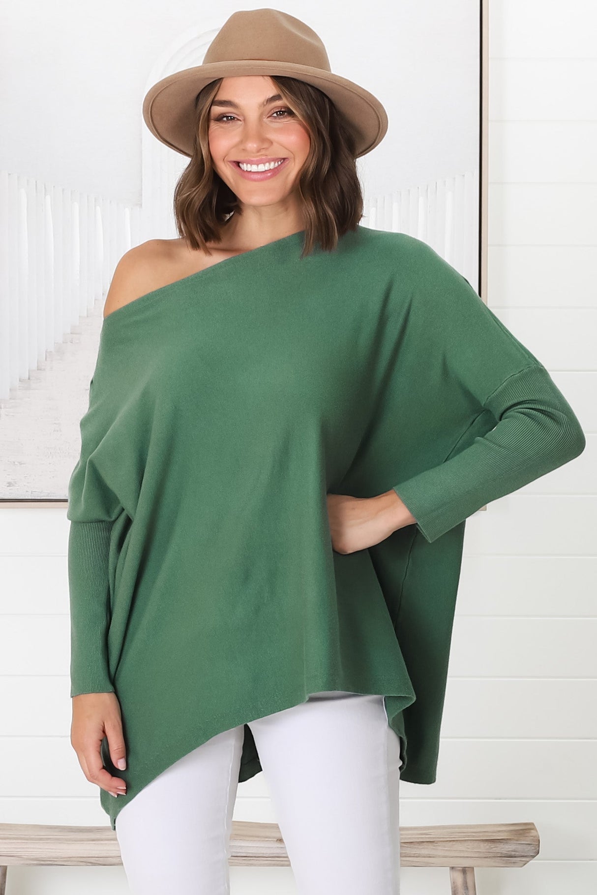 Belinda Knit Top - Boat Neckline Boxy Batwing Top in Teal