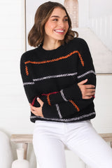 Fletcher Knit Jumper - Crew Neck Multi Colour Stripe Knit in Black