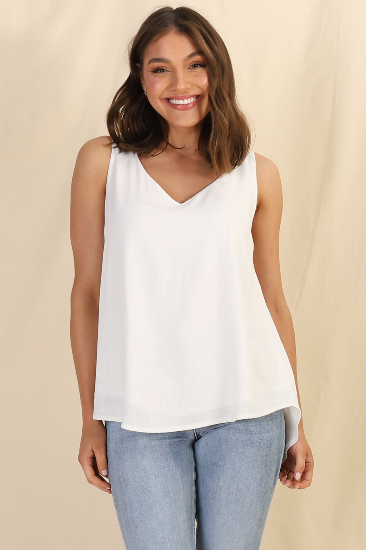 Neide Top - High Low Scoop Hem Sleeveless Top in White