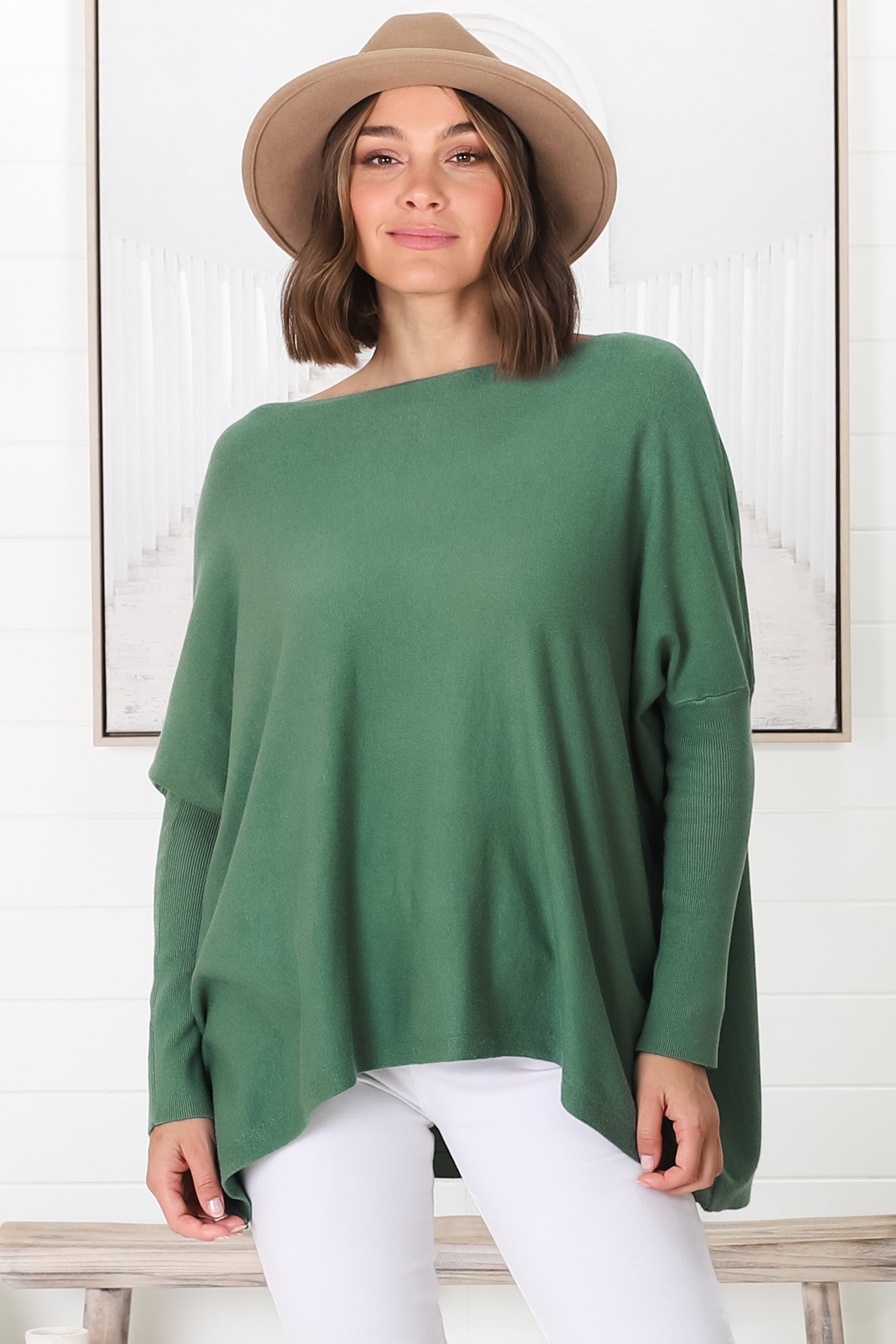 Belinda Knit Top - Boat Neckline Boxy Batwing Top in Teal