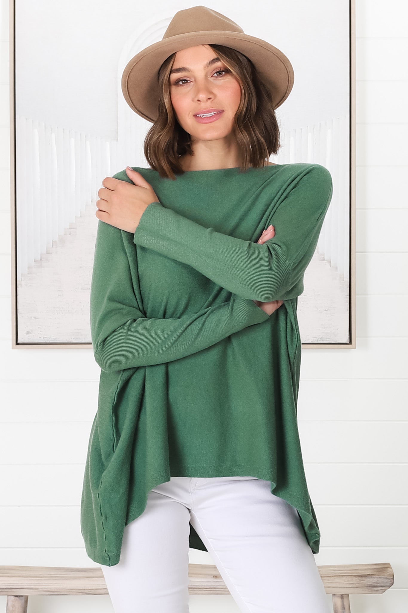 Belinda Knit Top - Boat Neckline Boxy Batwing Top in Teal