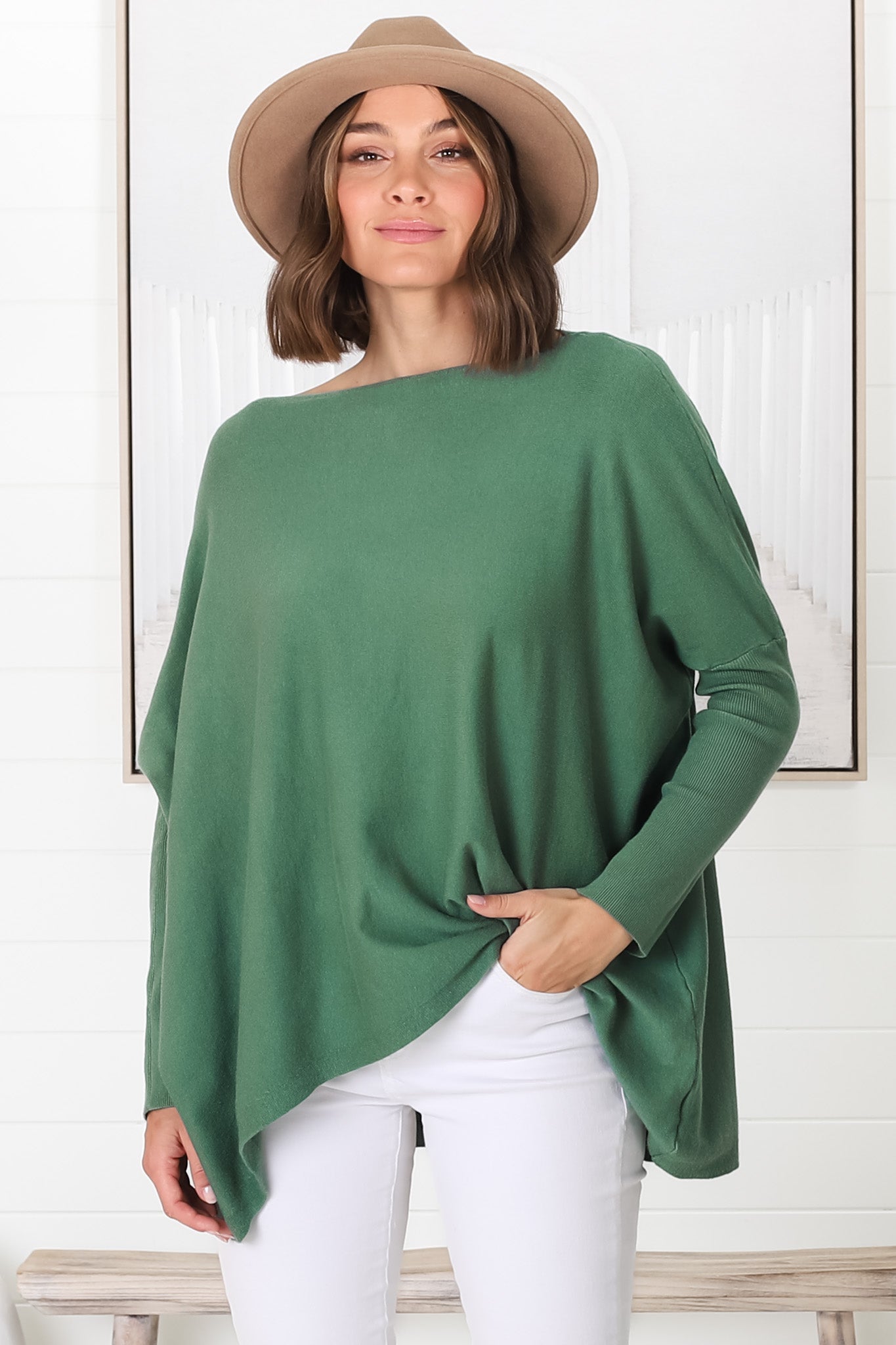 Belinda Knit Top - Boat Neckline Boxy Batwing Top in Teal