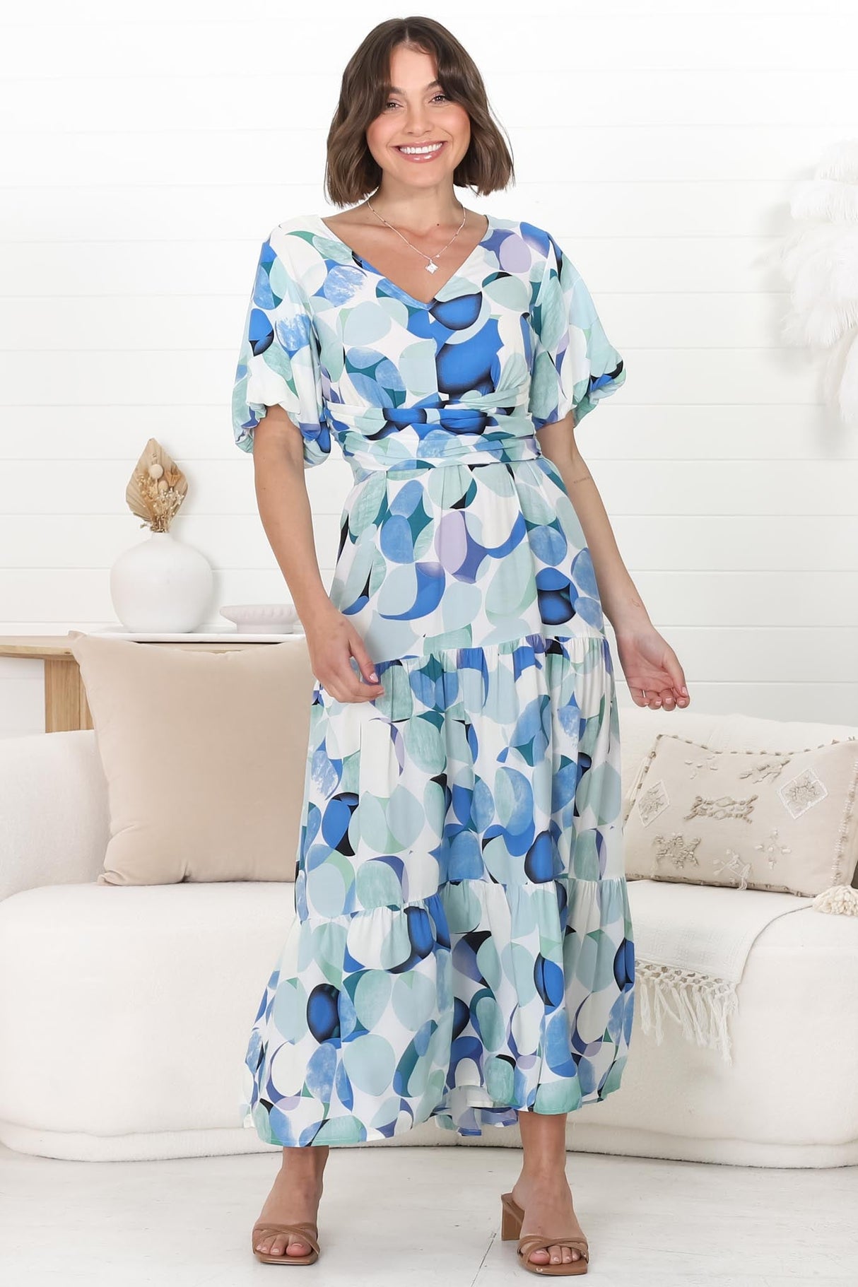 Elisa Maxi Dress - A-Line Dress with Short Puff Sleeves and Tiered Skirt in Maine Print