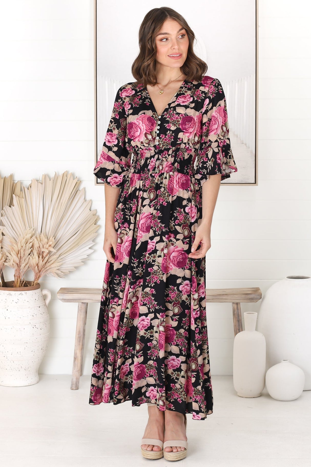 Alba Maxi Dress - Buttoned Bodie A Line Dress With Flute Sleeves In Katie Print Black