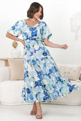 Elisa Maxi Dress - A-Line Dress with Short Puff Sleeves and Tiered Skirt in Maine Print