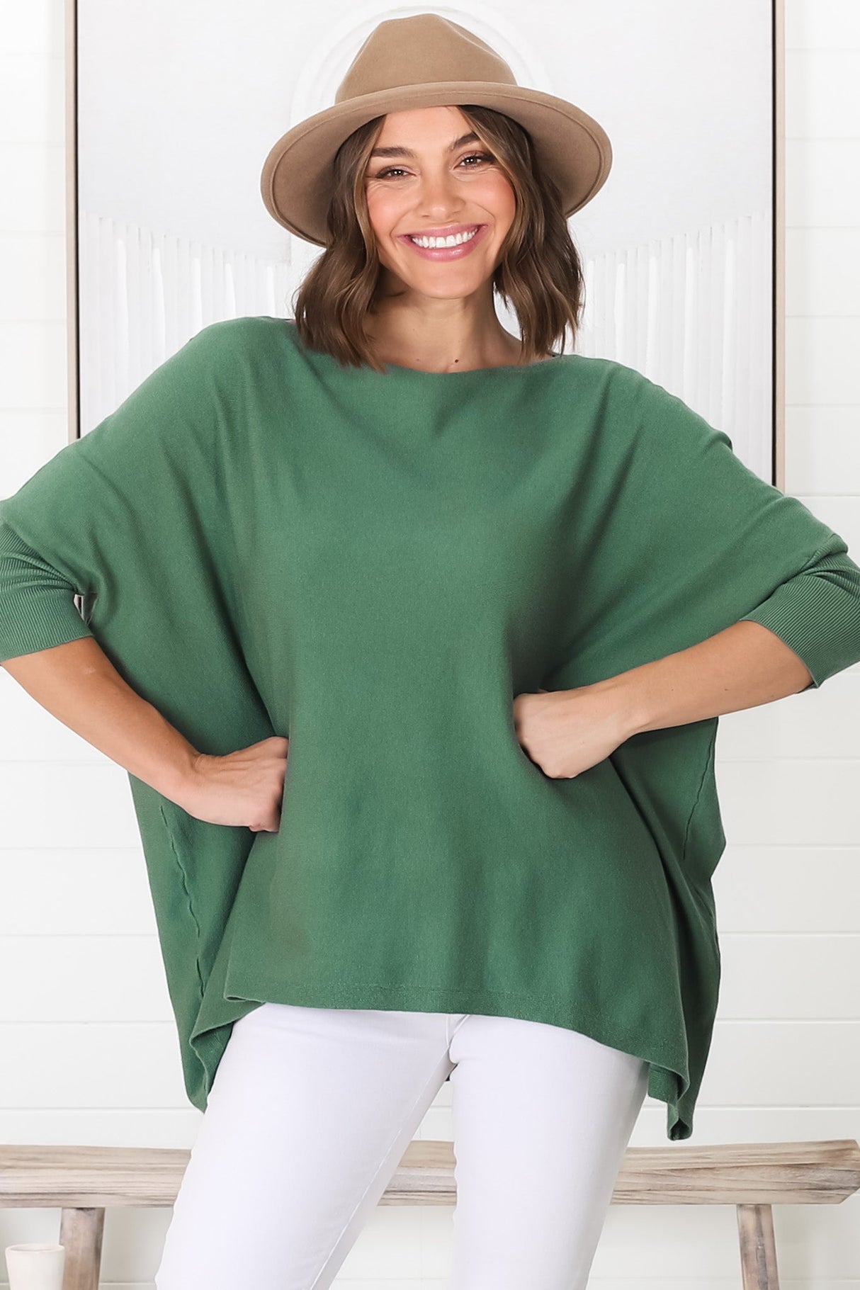 Belinda Knit Top - Boat Neckline Boxy Batwing Top in Teal