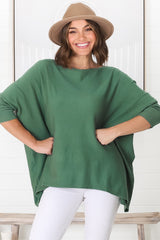 Belinda Knit Top - Boat Neckline Boxy Batwing Top in Teal