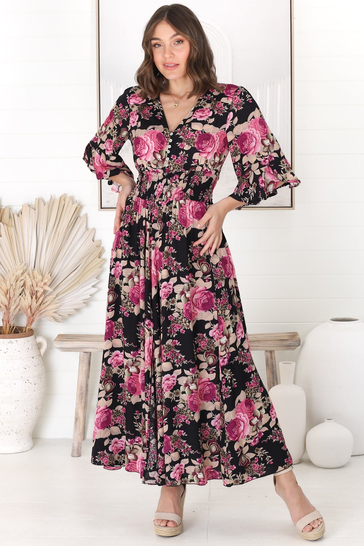 Alba Maxi Dress - Buttoned Bodie A Line Dress With Flute Sleeves In Katie Print Black