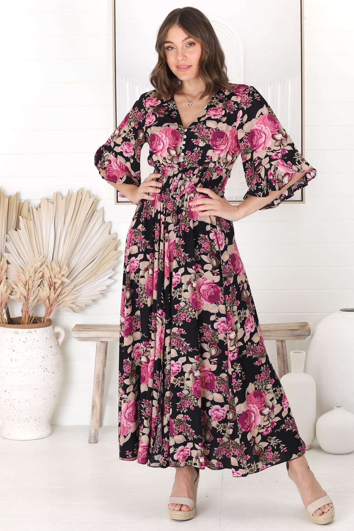 Alba Maxi Dress - Buttoned Bodie A Line Dress With Flute Sleeves In Katie Print Black