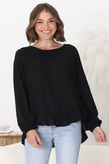 Solara Top - Crew Neck Linen Blend Frill Hemmed Top in Black