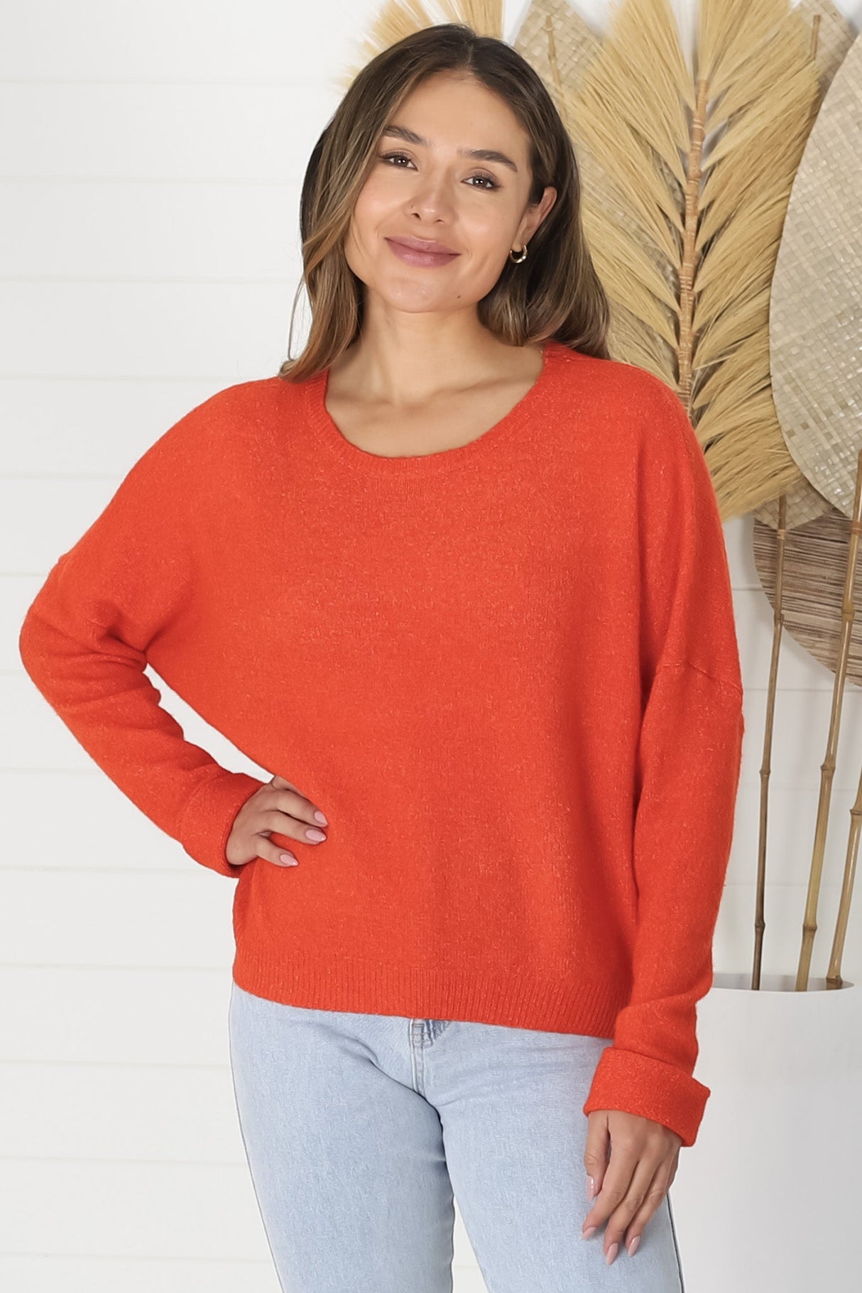 Joanne Knit Top - Crew Neckline Bat Wing Long Sleeve Top in Orange