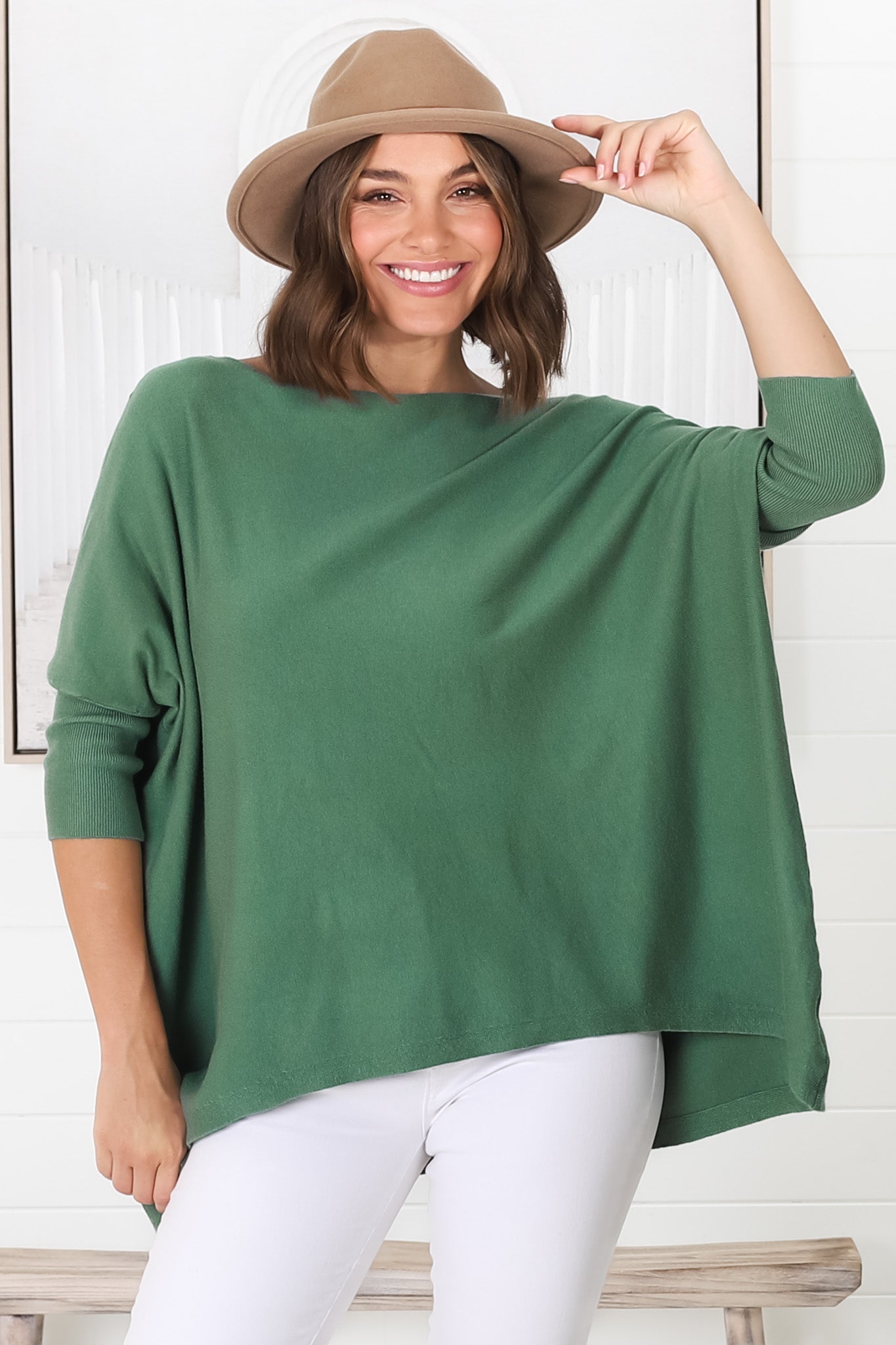 Belinda Knit Top - Boat Neckline Boxy Batwing Top in Teal