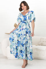 Elisa Maxi Dress - A-Line Dress with Short Puff Sleeves and Tiered Skirt in Maine Print