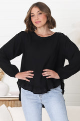 Solara Top - Crew Neck Linen Blend Frill Hemmed Top in Black