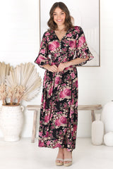 Alba Maxi Dress - Buttoned Bodie A Line Dress With Flute Sleeves In Katie Print Black