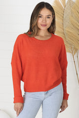 Joanne Knit Top - Crew Neckline Bat Wing Long Sleeve Top in Orange