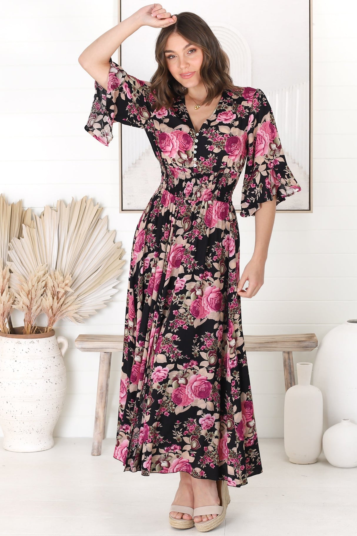 Alba Maxi Dress - Buttoned Bodie A Line Dress With Flute Sleeves In Katie Print Black