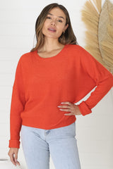 Joanne Knit Top - Crew Neckline Bat Wing Long Sleeve Top in Orange