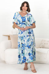 Elisa Maxi Dress - A-Line Dress with Short Puff Sleeves and Tiered Skirt in Maine Print