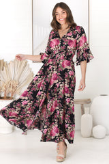 Alba Maxi Dress - Buttoned Bodie A Line Dress With Flute Sleeves In Katie Print Black