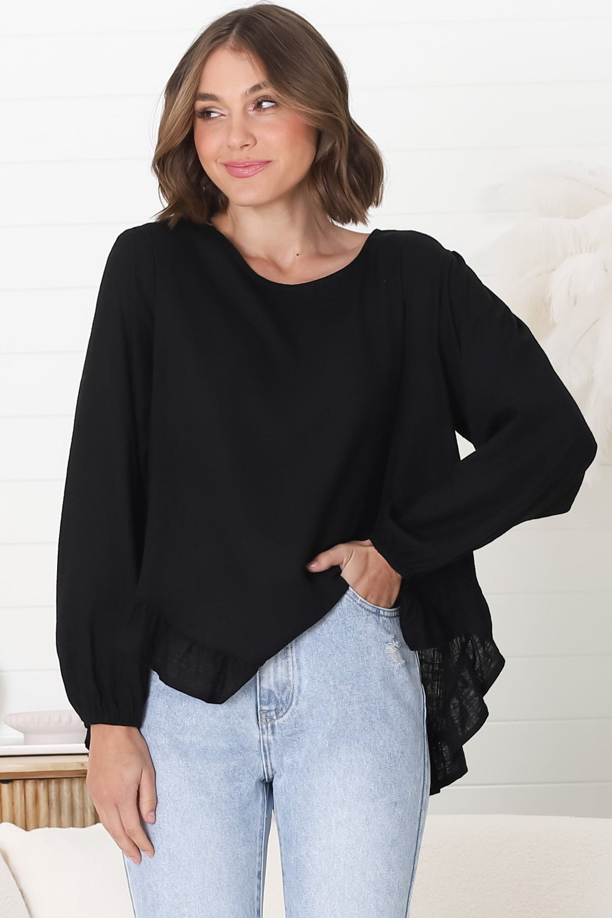 Solara Top - Crew Neck Linen Blend Frill Hemmed Top in Black