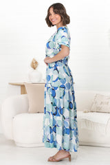 Elisa Maxi Dress - A-Line Dress with Short Puff Sleeves and Tiered Skirt in Maine Print