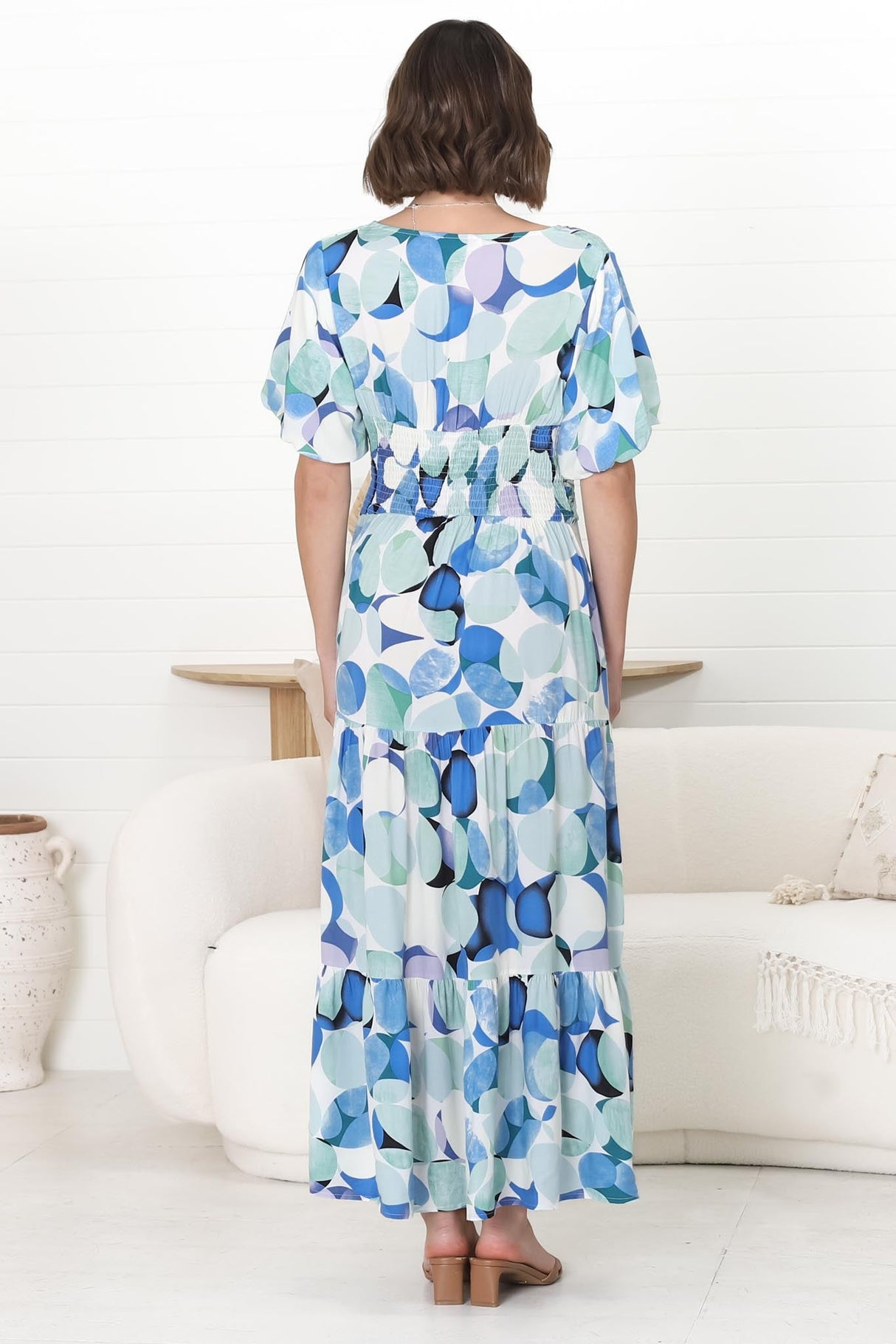 Elisa Maxi Dress - A-Line Dress with Short Puff Sleeves and Tiered Skirt in Maine Print