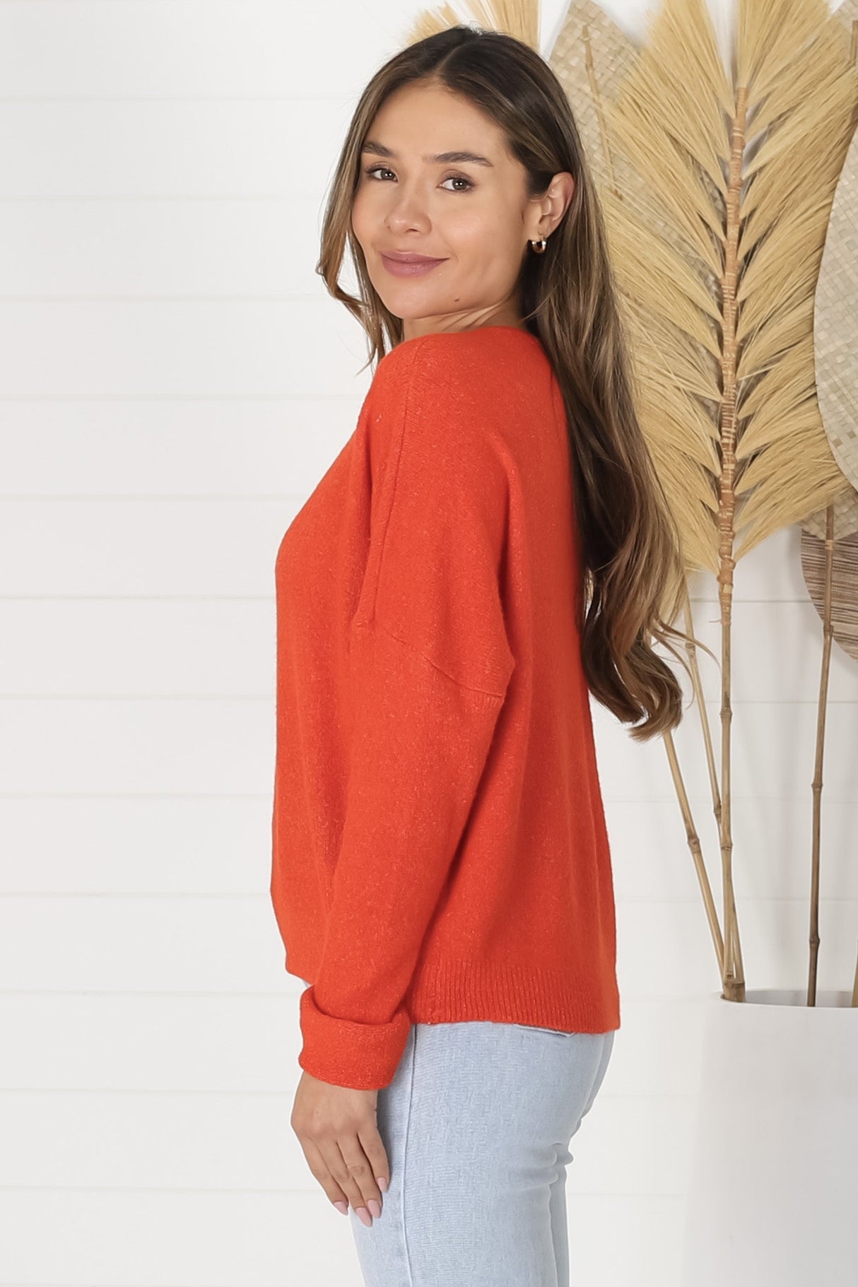 Joanne Knit Top - Crew Neckline Bat Wing Long Sleeve Top in Orange