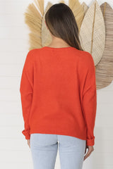 Joanne Knit Top - Crew Neckline Bat Wing Long Sleeve Top in Orange