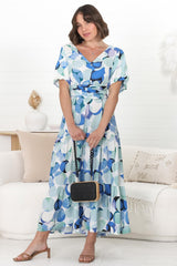 Elisa Maxi Dress - A-Line Dress with Short Puff Sleeves and Tiered Skirt in Maine Print