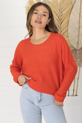 Joanne Knit Top - Crew Neckline Bat Wing Long Sleeve Top in Orange