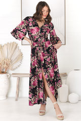 Alba Maxi Dress - Buttoned Bodie A Line Dress With Flute Sleeves In Katie Print Black