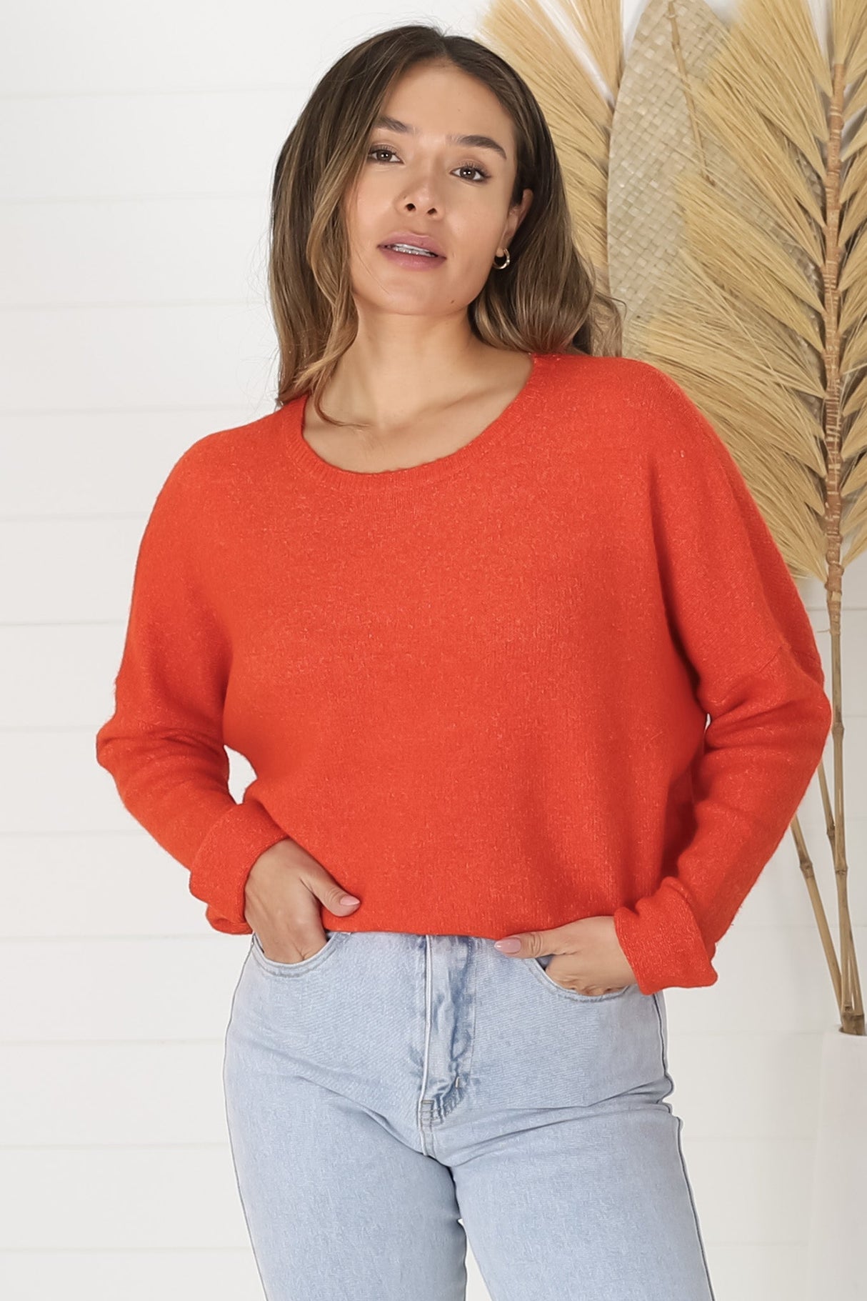 Joanne Knit Top - Crew Neckline Bat Wing Long Sleeve Top in Orange