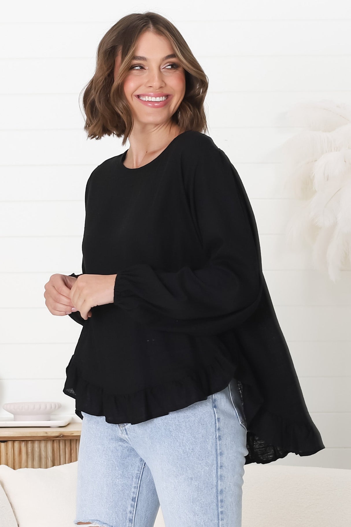 Solara Top - Crew Neck Linen Blend Frill Hemmed Top in Black