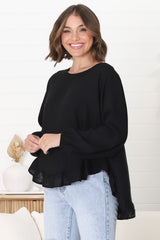 Solara Top - Crew Neck Linen Blend Frill Hemmed Top in Black