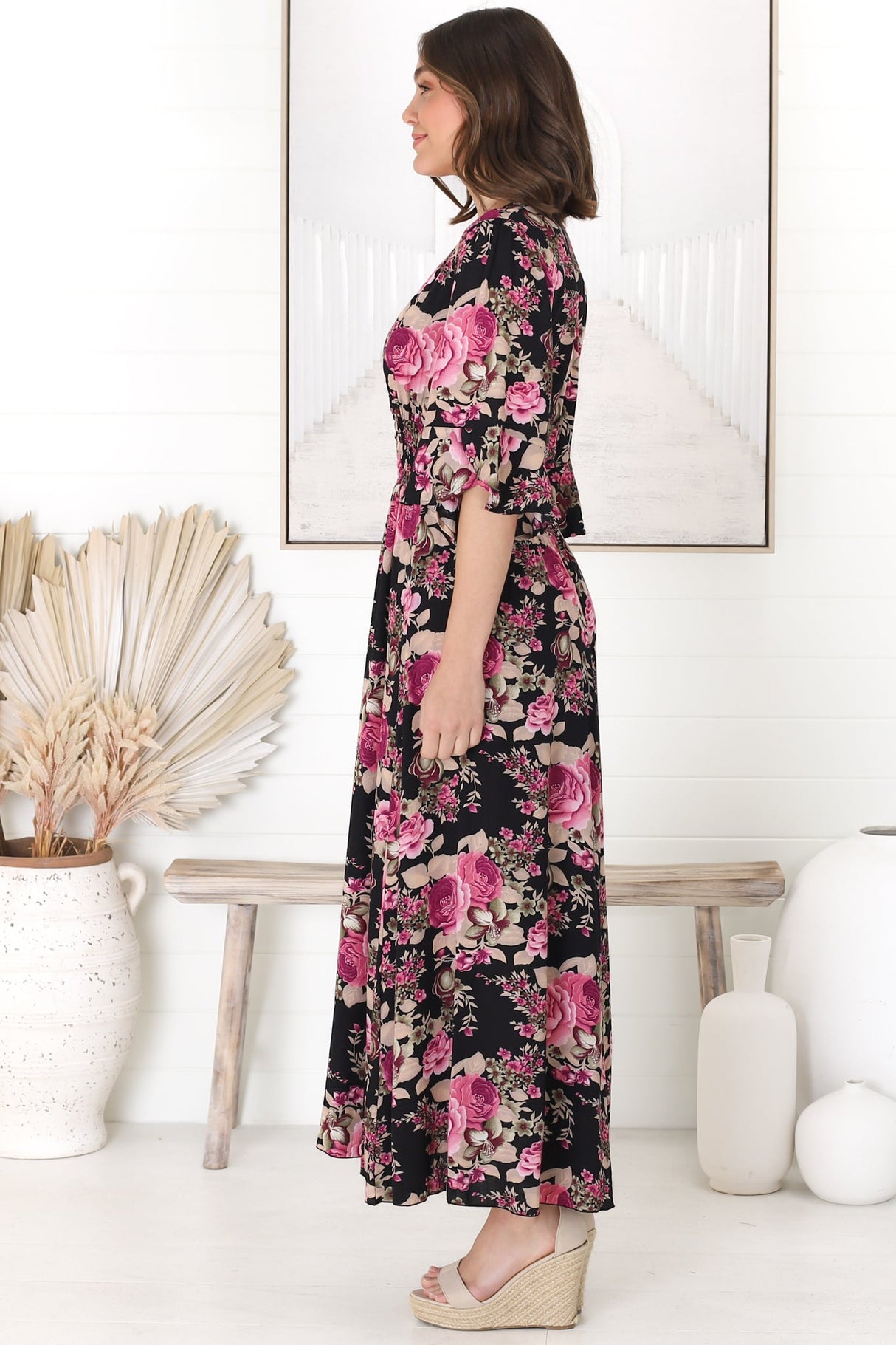 Alba Maxi Dress - Buttoned Bodie A Line Dress With Flute Sleeves In Katie Print Black