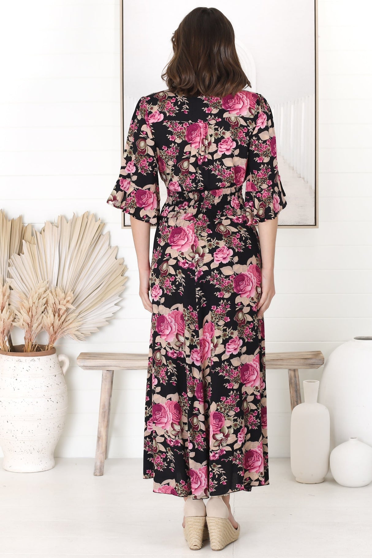 Alba Maxi Dress - Buttoned Bodie A Line Dress With Flute Sleeves In Katie Print Black