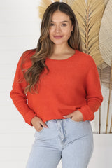 Joanne Knit Top - Crew Neckline Bat Wing Long Sleeve Top in Orange