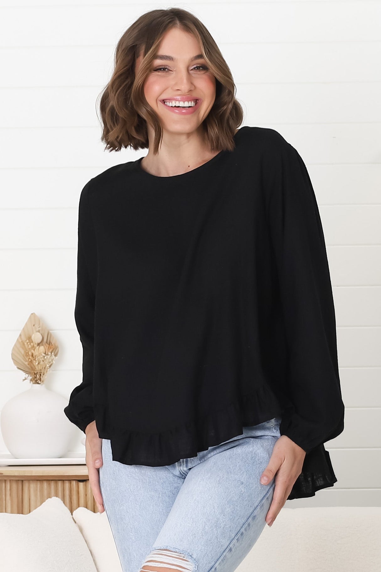 Solara Top - Crew Neck Linen Blend Frill Hemmed Top in Black