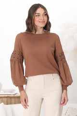 Falinda Knit Top - Crew Neck Lace Sleeve Knit in Tan