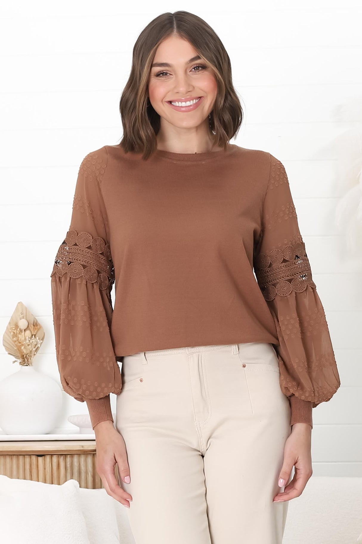 Falinda Knit Top - Crew Neck Lace Sleeve Knit in Tan