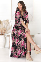 Alba Maxi Dress - Buttoned Bodie A Line Dress With Flute Sleeves In Katie Print Black