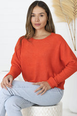 Joanne Knit Top - Crew Neckline Bat Wing Long Sleeve Top in Orange