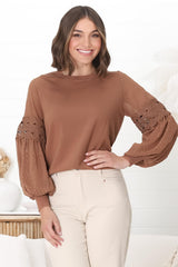 Falinda Knit Top - Crew Neck Lace Sleeve Knit in Tan