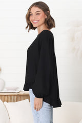 Solara Top - Crew Neck Linen Blend Frill Hemmed Top in Black