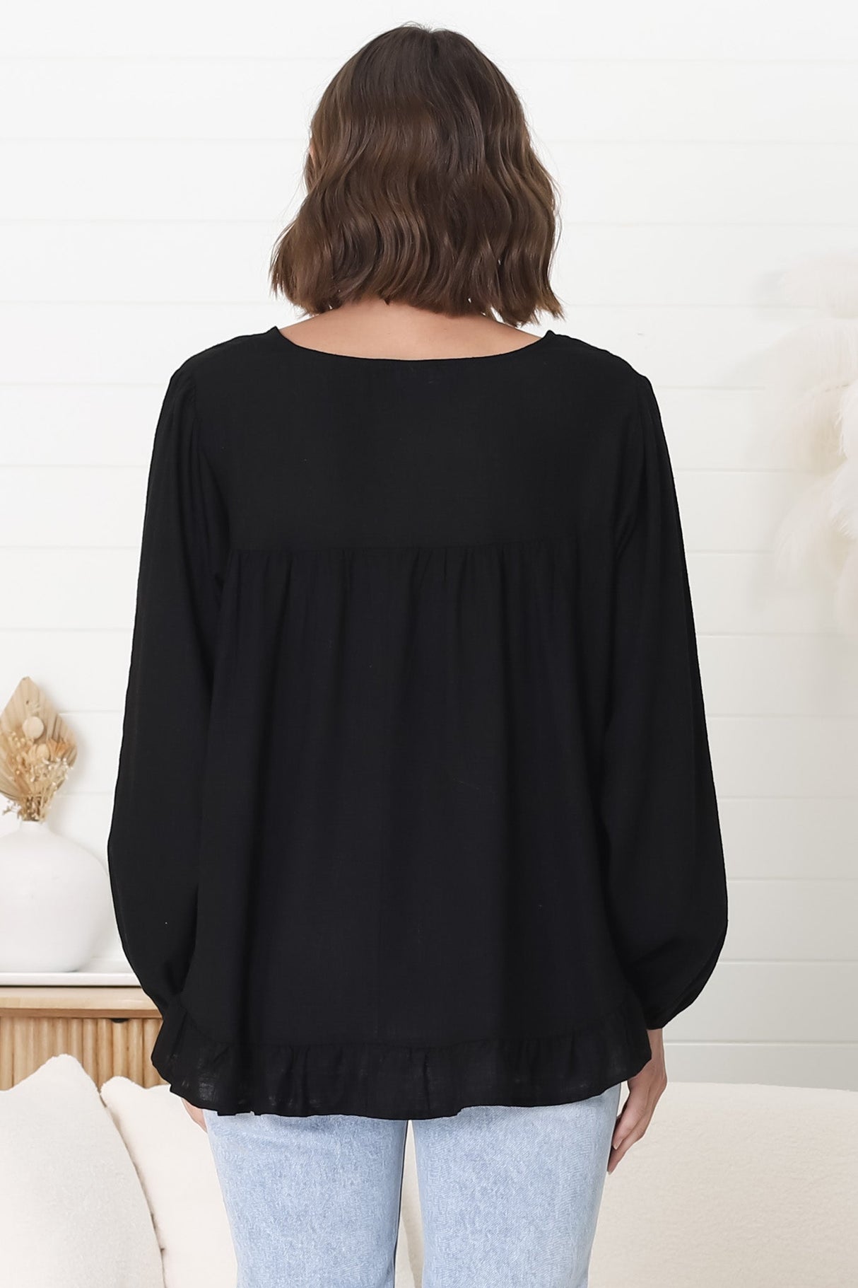 Solara Top - Crew Neck Linen Blend Frill Hemmed Top in Black