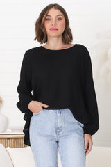 Solara Top - Crew Neck Linen Blend Frill Hemmed Top in Black