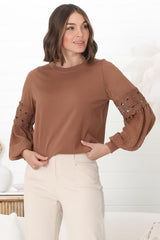 Falinda Knit Top - Crew Neck Lace Sleeve Knit in Tan