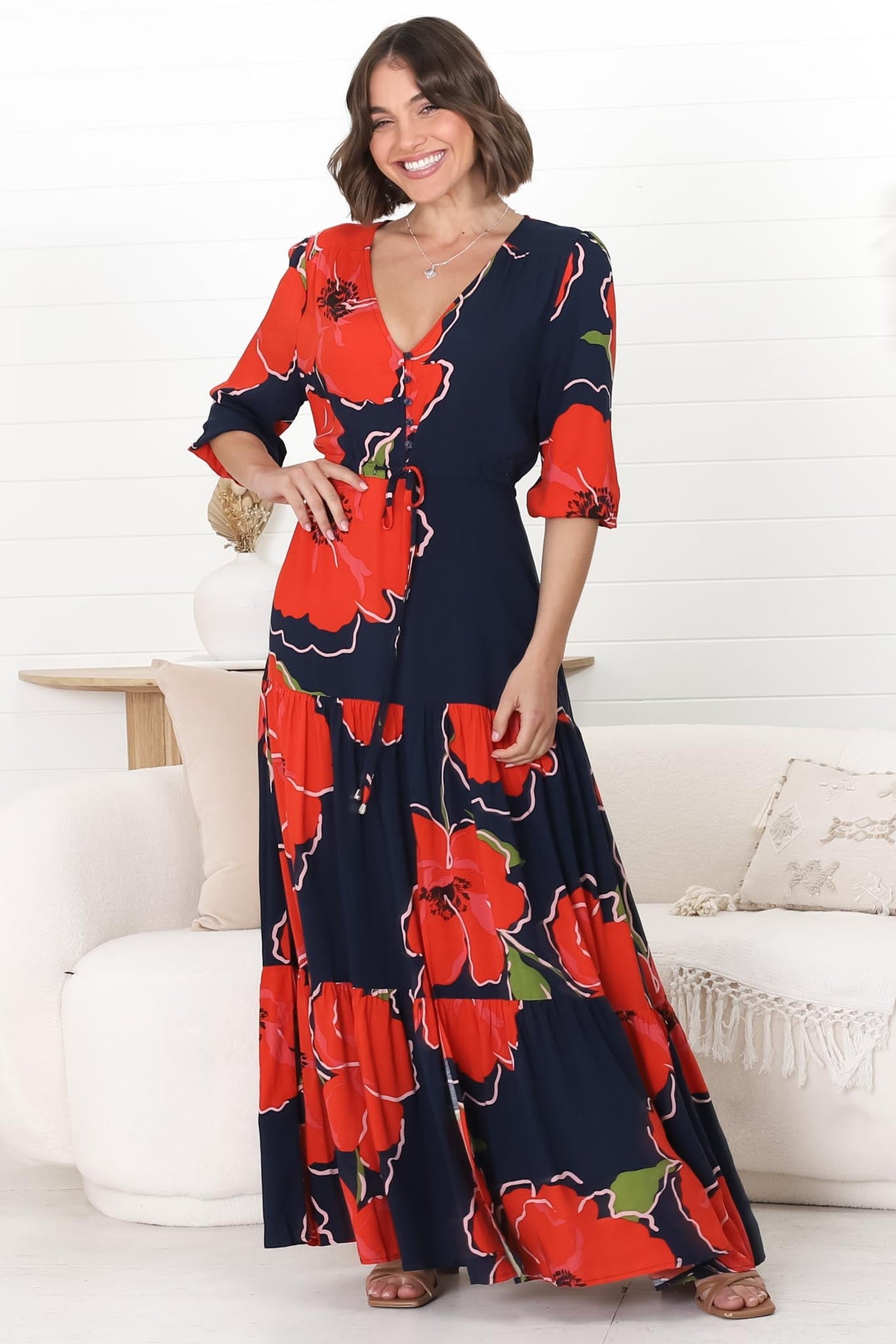 Lenna Maxi Dress - A Line Dress with Pull Tie Waist in Lidye Print